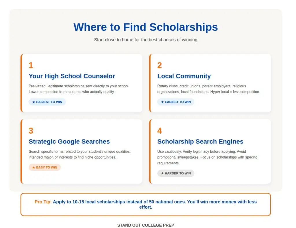 You're absolutely right - let me revise the alt text and descriptions to include the primary keyword "are scholarships hard to get": Alt Text (Short - for accessibility): Chart answering "are scholarships hard to get" showing four places to find scholarships ranked by difficulty: high school counselor and local community are easiest to win, strategic Google searches are easy, and scholarship search engines are harder to win Alt Text (Detailed - for SEO): Infographic answering "are scholarships hard to get" titled "Where to Find Scholarships" showing four numbered sources: 1) Your High School Counselor with pre-vetted scholarships marked easiest to win, 2) Local Community including Rotary clubs and parent employers marked easiest to win, 3) Strategic Google Searches for niche opportunities marked easy to win, and 4) Scholarship Search Engines marked harder to win. Shows scholarships are hard to get from national sources but easier to win locally. Includes pro tip to apply to 10-15 local scholarships instead of 50 national ones. Stand Out College Prep branding.